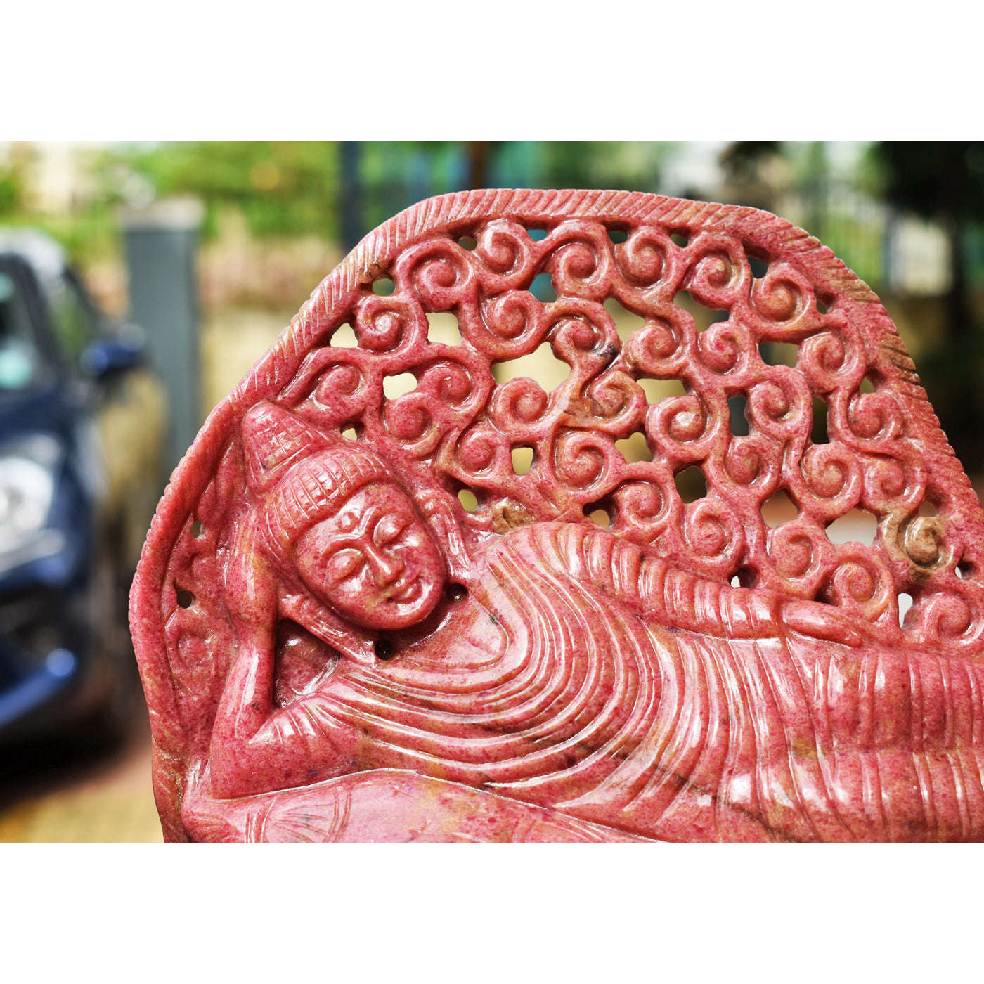 gemsmore:Exclusive 11550.00  Cts  Genuine Rhodonite Hand Carved Genuine Crystal Gemstone Carving Sleeping Lord Buddha