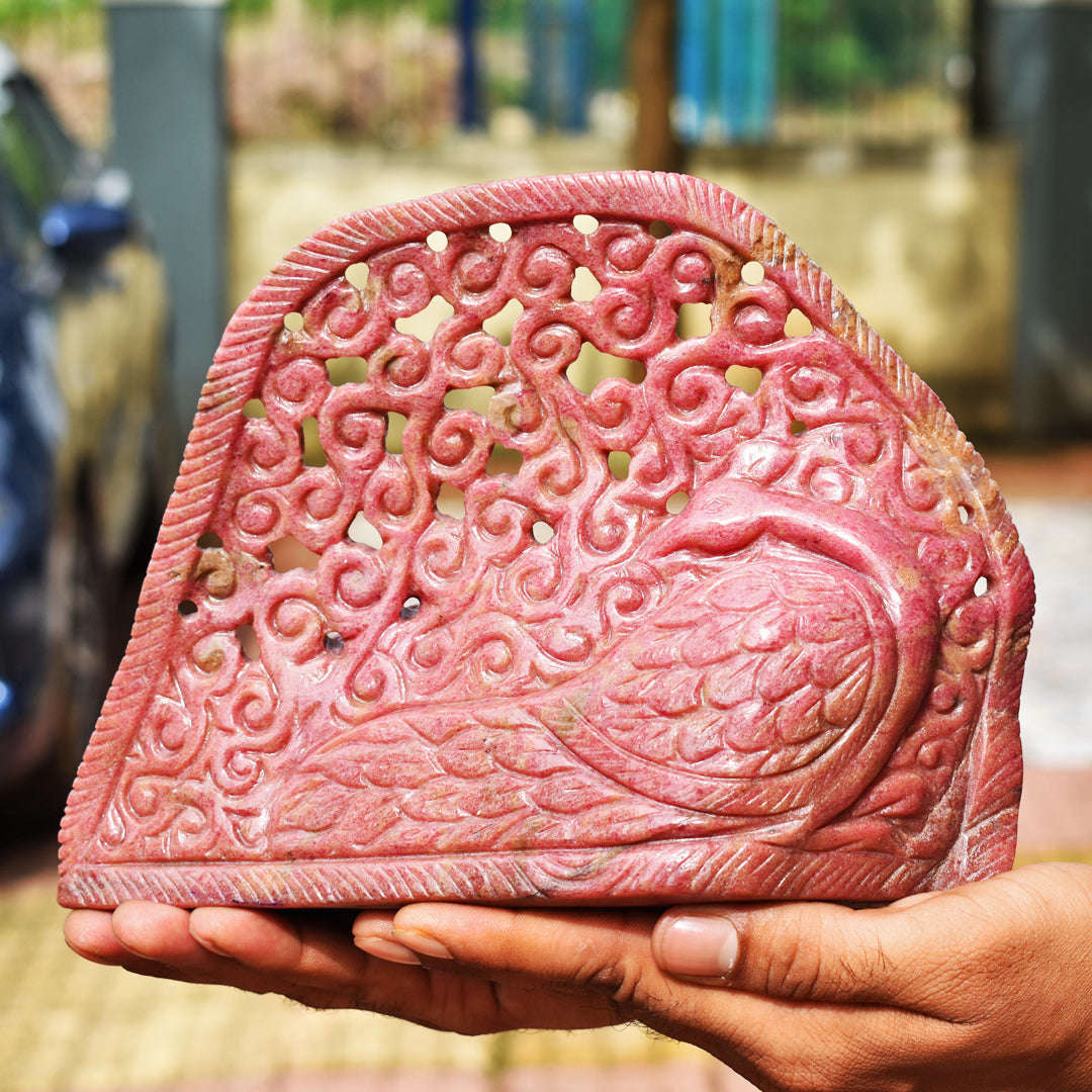 gemsmore:Exclusive 11550.00  Cts  Genuine Rhodonite Hand Carved Genuine Crystal Gemstone Carving Sleeping Lord Buddha