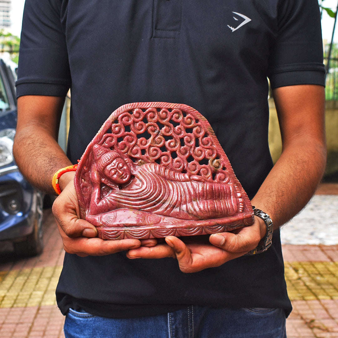 gemsmore:Exclusive 11550.00  Cts  Genuine Rhodonite Hand Carved Genuine Crystal Gemstone Carving Sleeping Lord Buddha