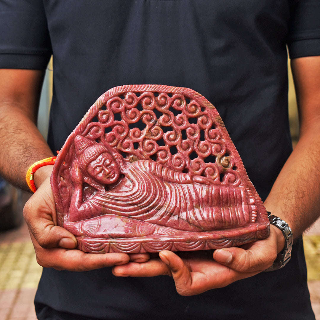 gemsmore:Exclusive 11550.00  Cts  Genuine Rhodonite Hand Carved Genuine Crystal Gemstone Carving Sleeping Lord Buddha