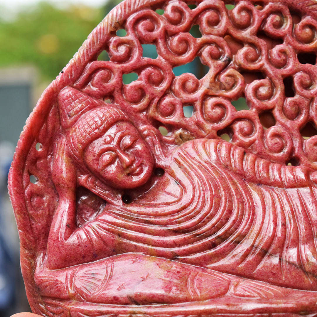 gemsmore:Exclusive 11550.00  Cts  Genuine Rhodonite Hand Carved Genuine Crystal Gemstone Carving Sleeping Lord Buddha