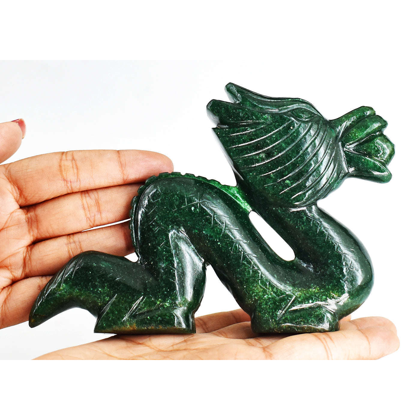gemsmore:Exclusive  1533.00 Cts  Genuine  Green Jade  Hand Carved  Gemstone  Dragon  Carving