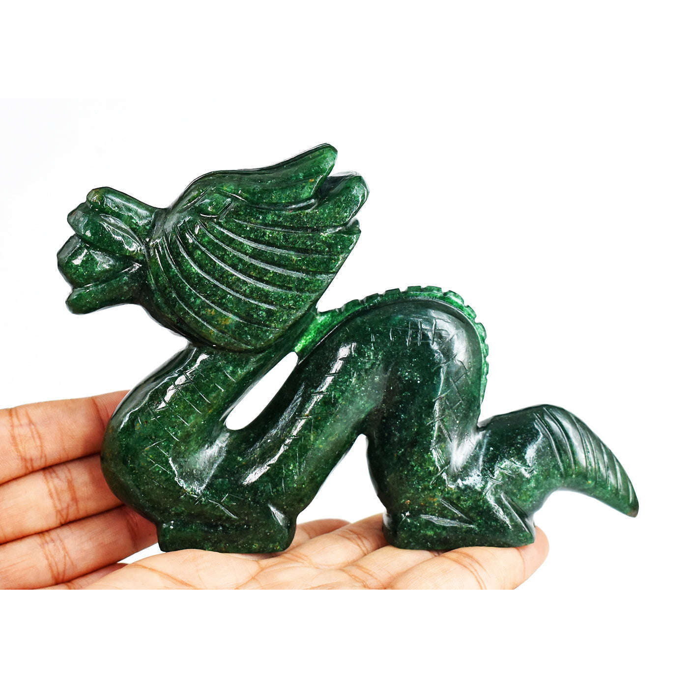gemsmore:Exclusive  1533.00 Cts  Genuine  Green Jade  Hand Carved  Gemstone  Dragon  Carving