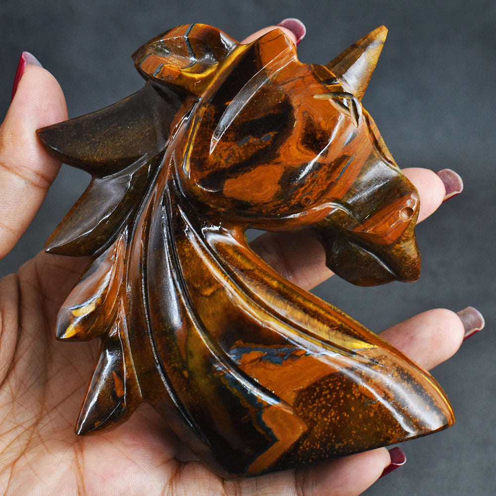 gemsmore:Exclusive 1586.00  Carats  Genuine  Golden  Tiger Eye Hand  Carved  Unicorn Head Carving