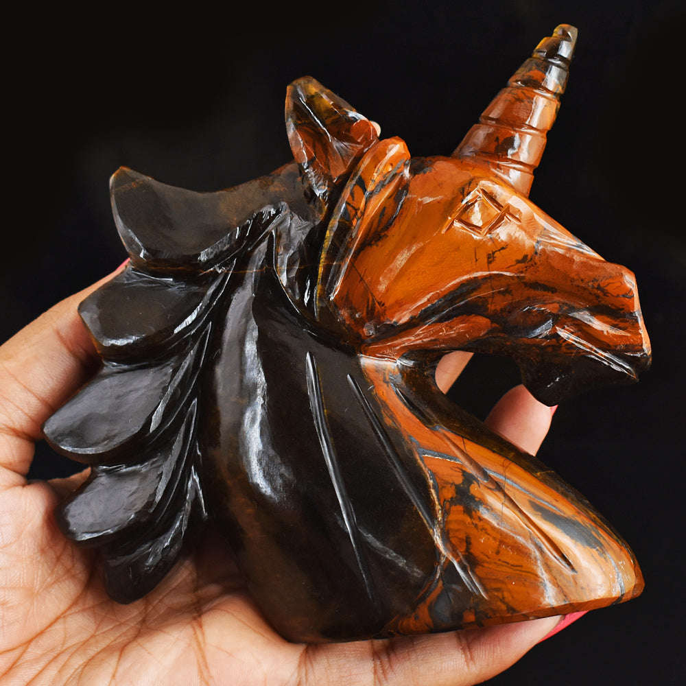 gemsmore:Exclusive  2515.00  Carats  Genuine  Golden  Tiger Eye Hand  Carved  Unicorn Head  Carving