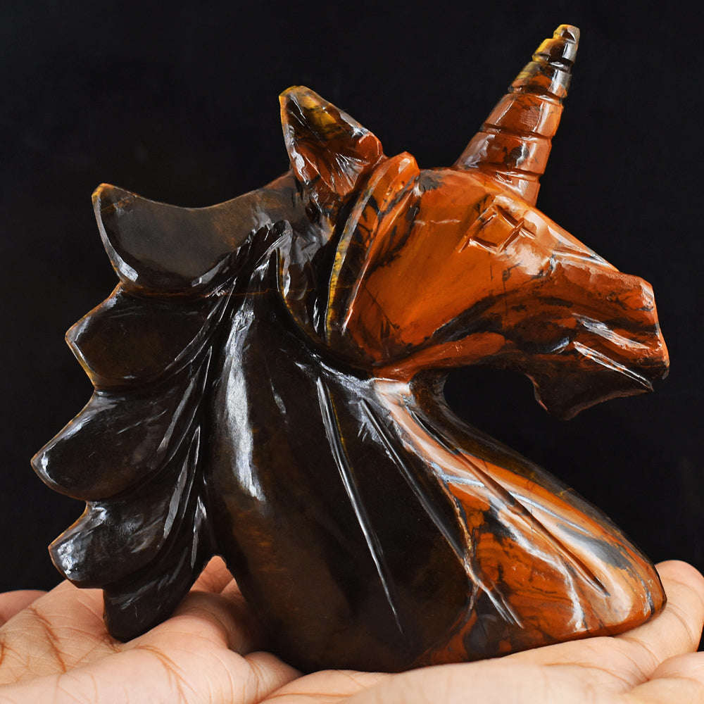 gemsmore:Exclusive  2515.00  Carats  Genuine  Golden  Tiger Eye Hand  Carved  Unicorn Head  Carving