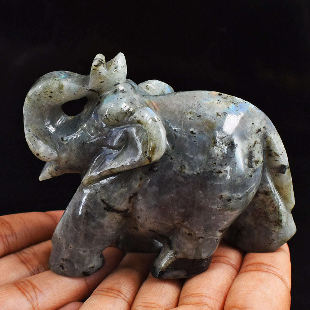 gemsmore:Exclusive Blue Flash Labradorite  Hand Carved Genuine Crystal Gemstone Carving Elephant