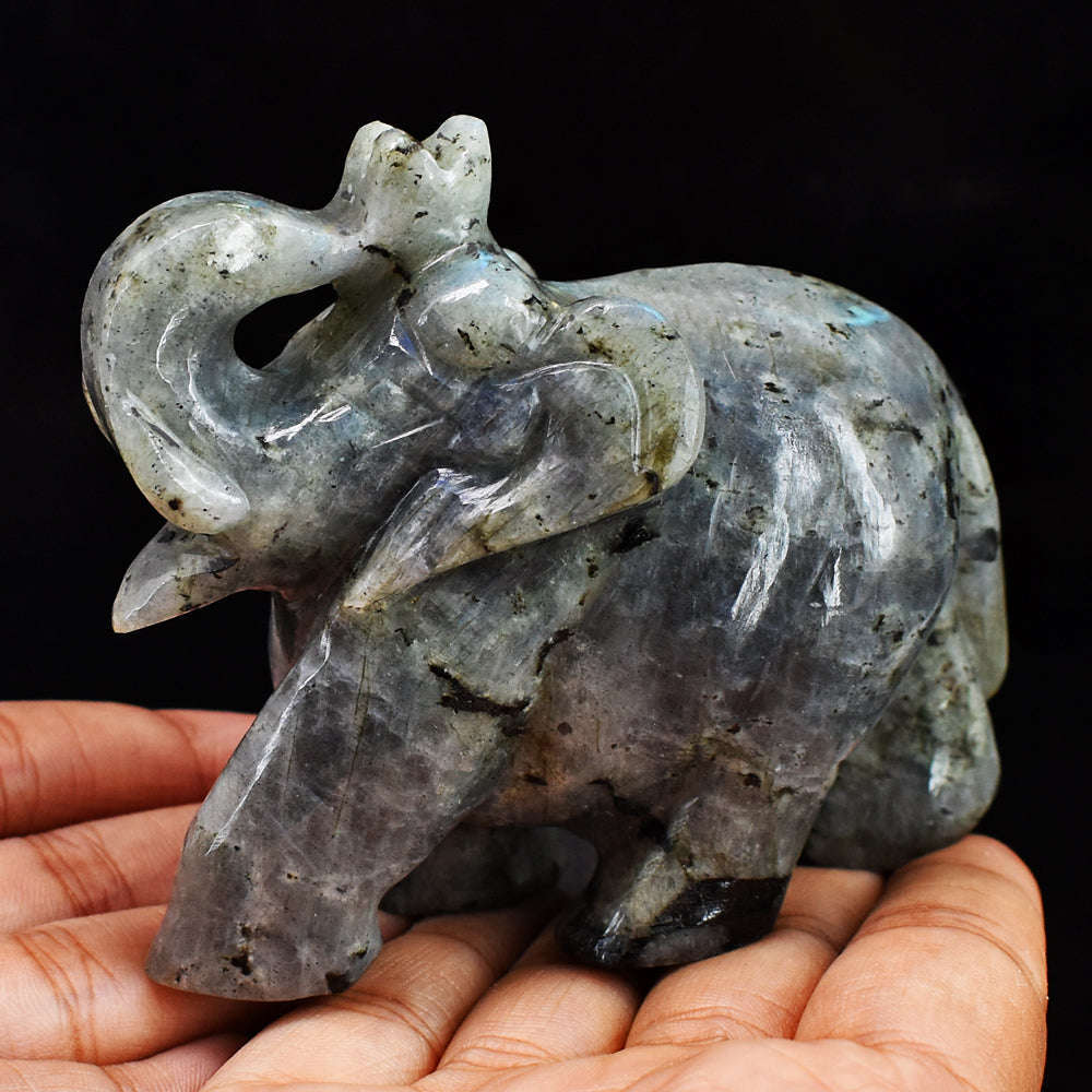 gemsmore:Exclusive Blue Flash Labradorite  Hand Carved Genuine Crystal Gemstone Carving Elephant