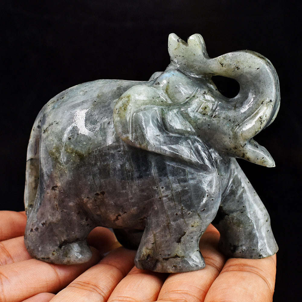 gemsmore:Exclusive Blue Flash Labradorite  Hand Carved Genuine Crystal Gemstone Carving Elephant