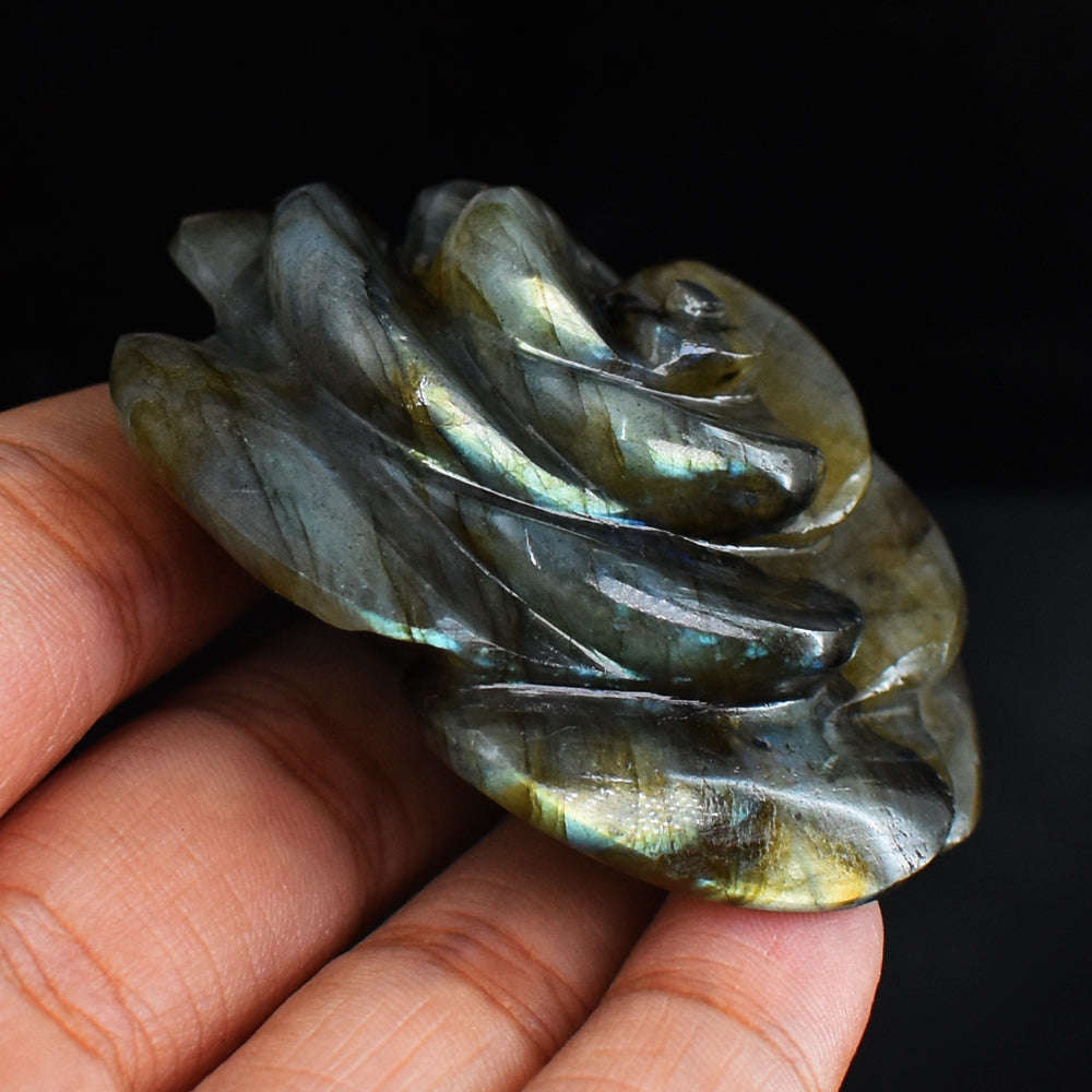 gemsmore:Golden & Green  Flash  Labradorite   316.00 Carats  Genuine  Hand Carved  Gemstone  Rose Flower Carving