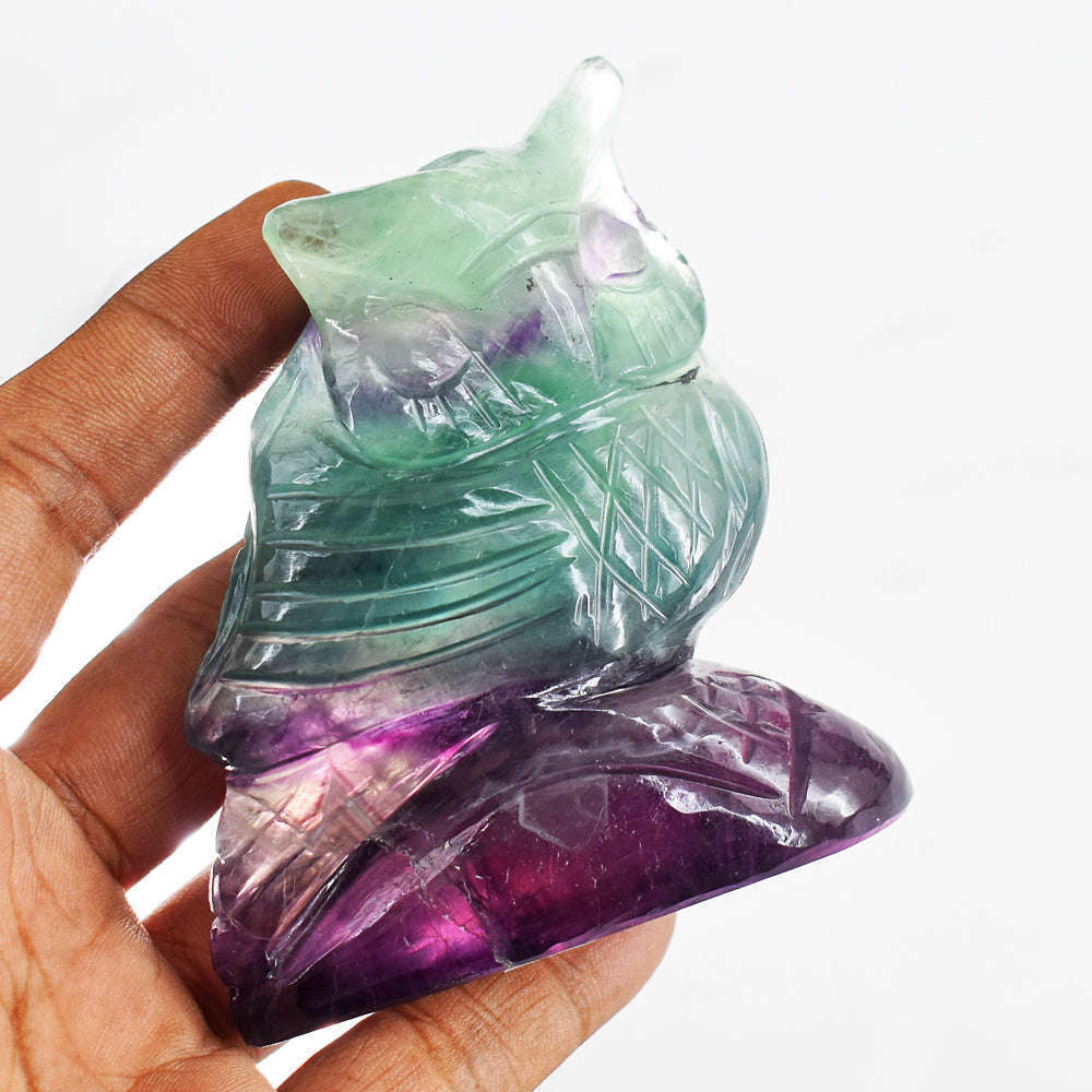 gemsmore:Gorgeous 1367.00 Cts  Multicolor Fluorite Hand Carved Crystal Owl Gemstone Carving