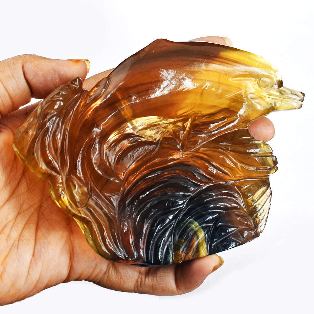 gemsmore:Gorgeous  Multicolor  Fluorite  Hand  Carved  Genuine  Dolphin & Fish Gemstone  Carving