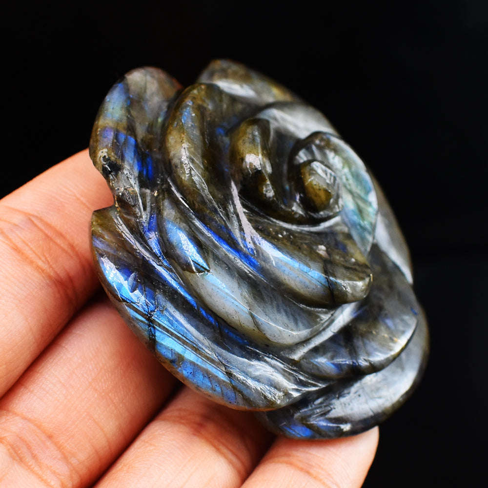 gemsmore:Natural  Blue  Flash Labradorite  276.00 Carats  Genuine  Hand Carved  Gemstone  Rose Flower Carving