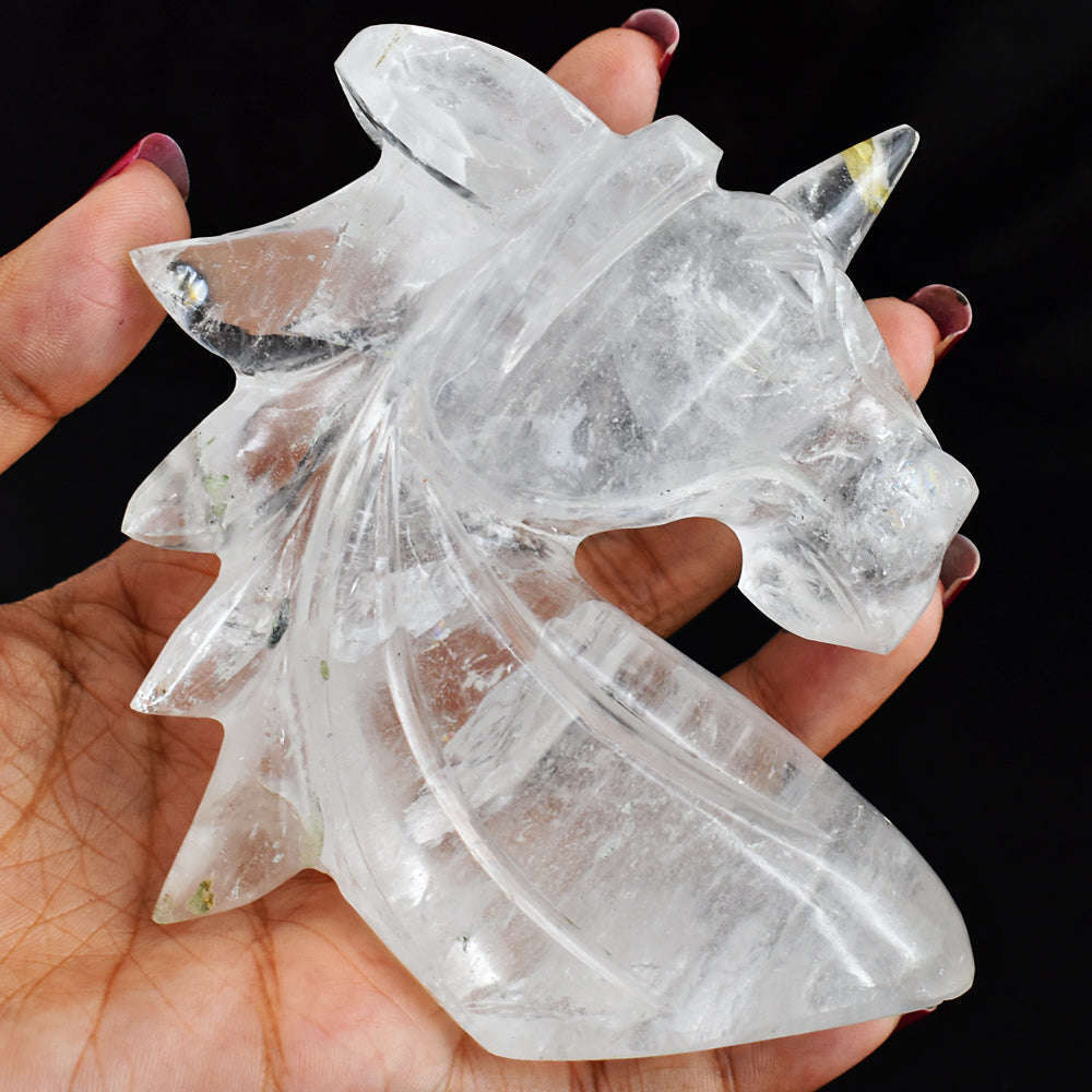gemsmore:Natural  White  Quartz  Hand  Carved  Crystal Gemstone  Carving Unicorn Head