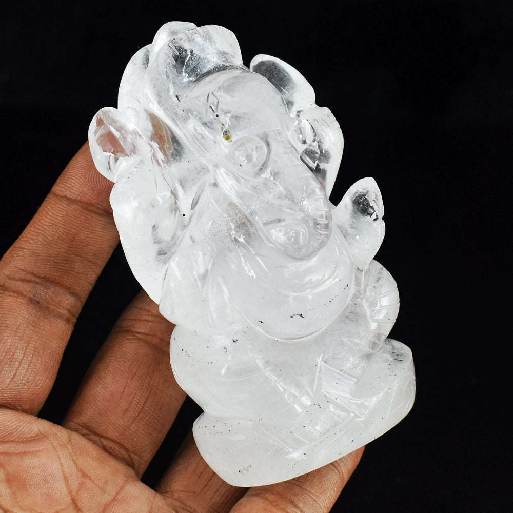 gemsmore:Natural White Quartz Hand Carved Genuine Crystal Gemstone Carving Lord Ganesha