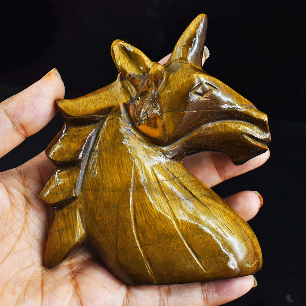 gemsmore:Premium 1414.00  Carats  Genuine  Golden  Tiger Eye Hand  Carved  Unicorn Head Carving