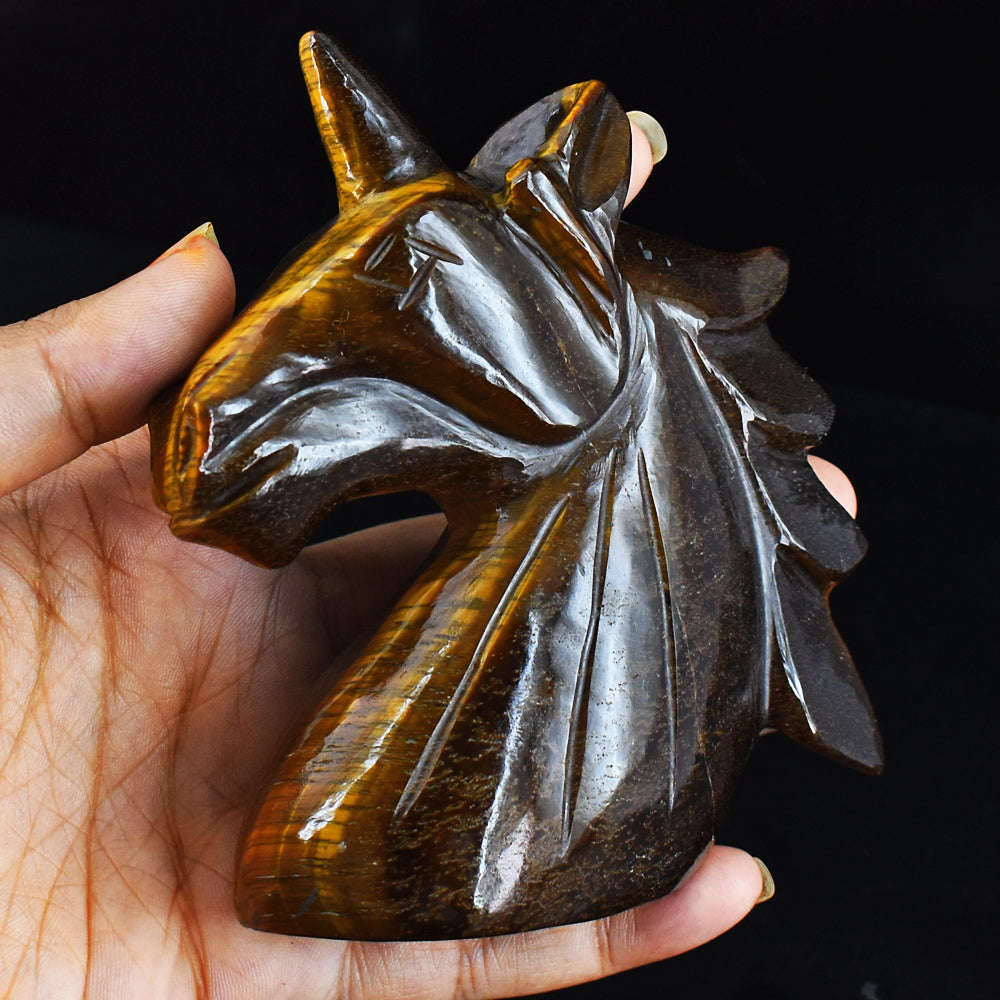 gemsmore:Premium 1414.00  Carats  Genuine  Golden  Tiger Eye Hand  Carved  Unicorn Head Carving