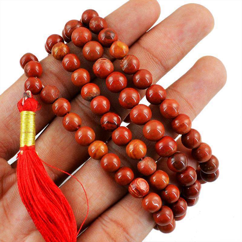 gemsmore:108 Mala Red Jasper Necklace Natural Untreated Round Shape Beads