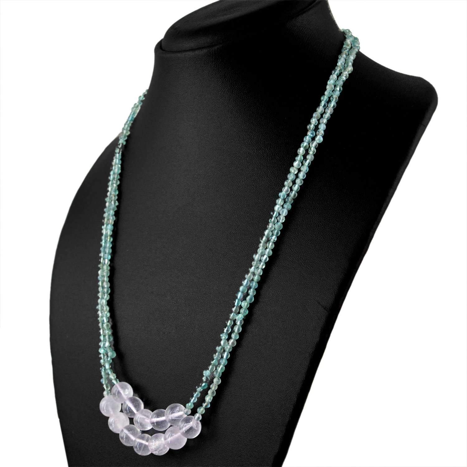 gemsmore:2 Strand Blue Apatite & Pink Rose Quartz Necklace Natural Round Shape Beads