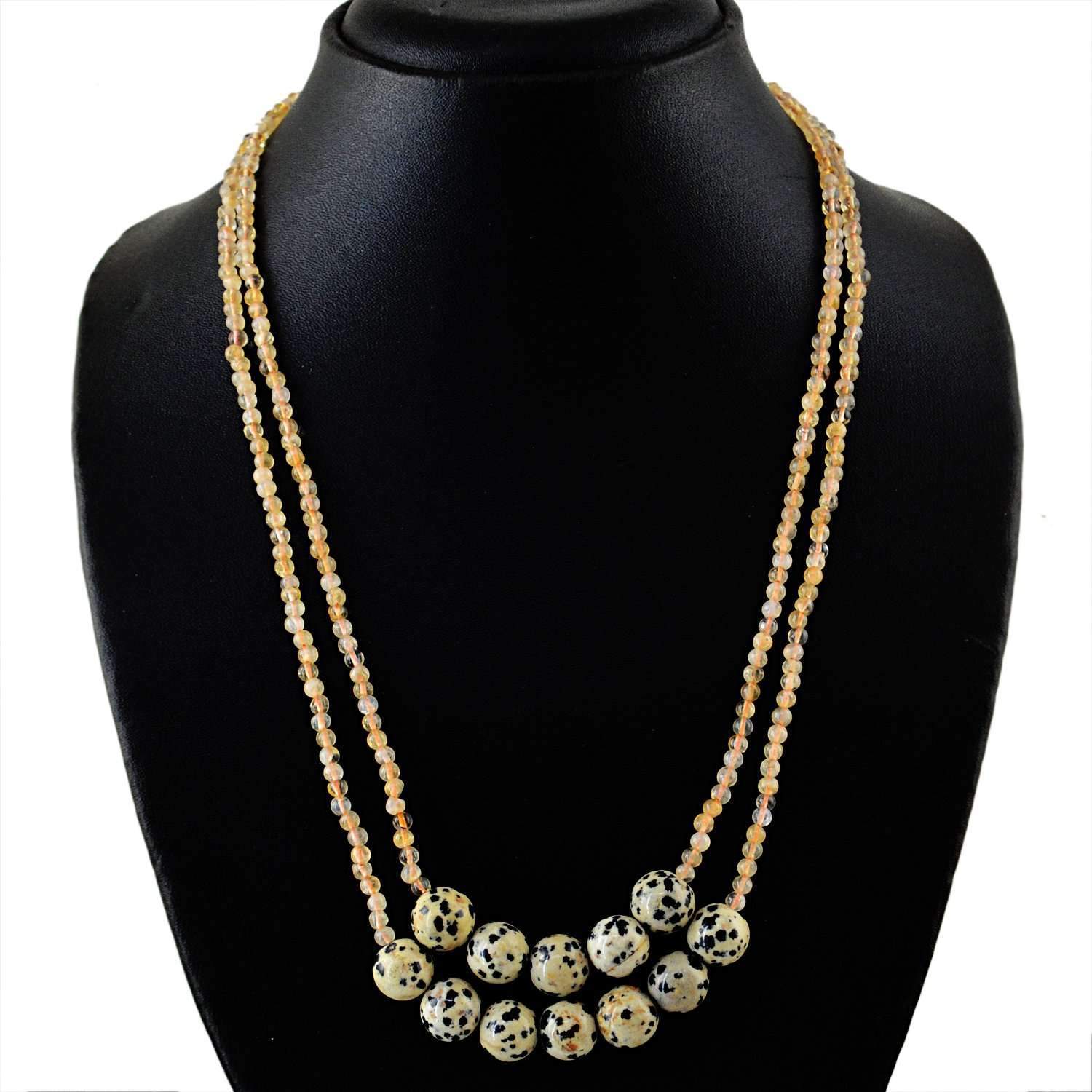 gemsmore:2 Strand Citrine & Dalmatian Jasper Necklace Natural Round Shape Beads