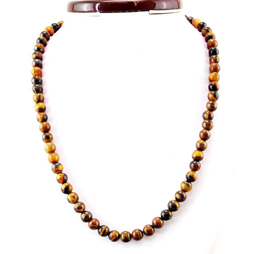 gemsmore:20 Inches Long Golden Tiger Eye Necklace Natural Round Shape Beads