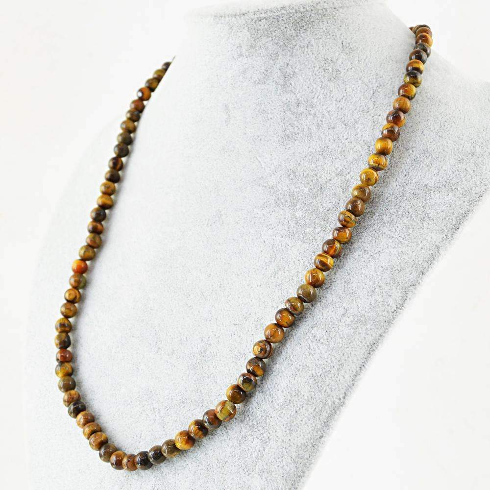 gemsmore:20 Inches Long Golden Tiger Eye Necklace Natural Round Shape Beads