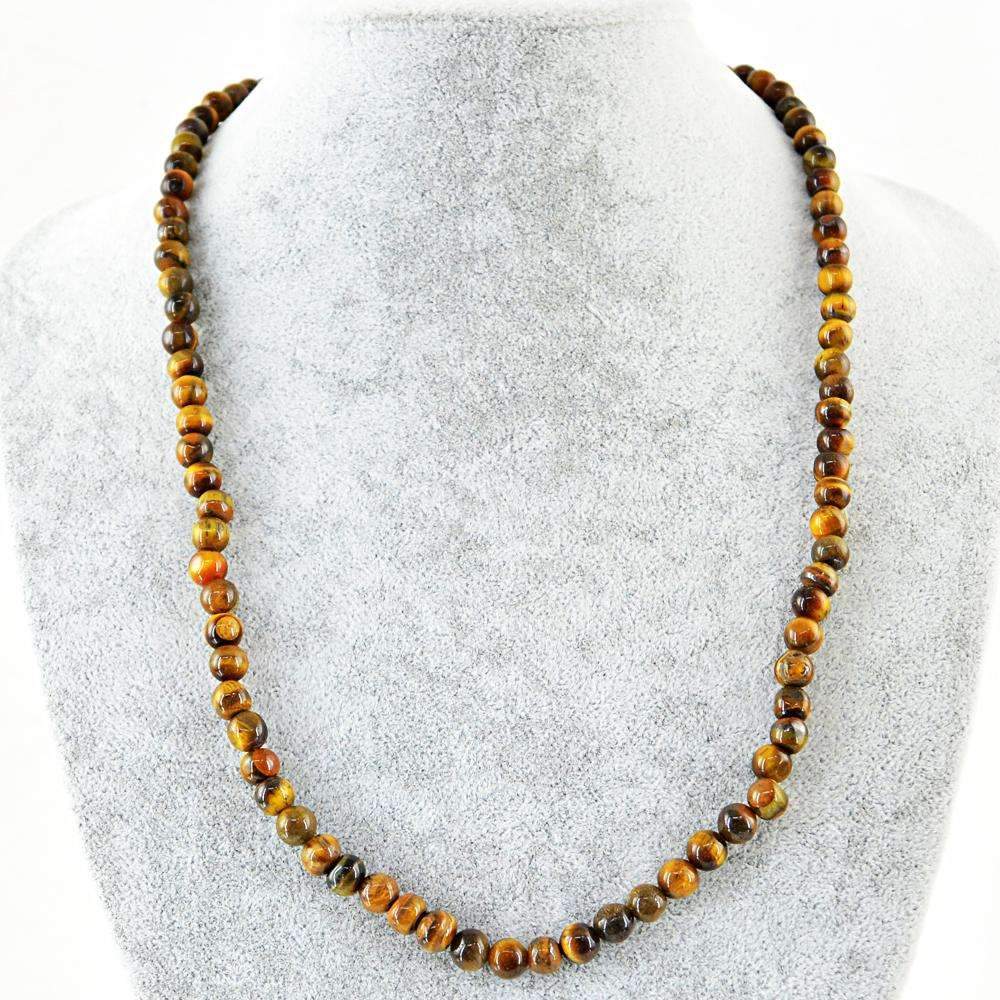 gemsmore:20 Inches Long Golden Tiger Eye Necklace Natural Round Shape Beads