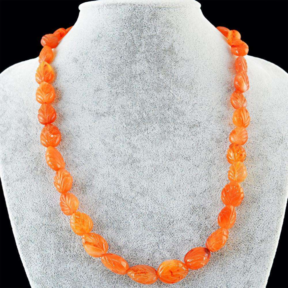 gemsmore:20 Inches Long Orange Carnelian Necklace - Natural Pear Shape Carved Beads