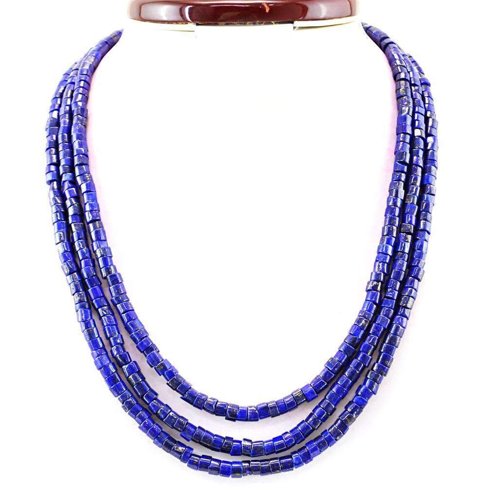 gemsmore:3 Line Blue Lapis Lazuli Necklace Natural Round Shape Beads