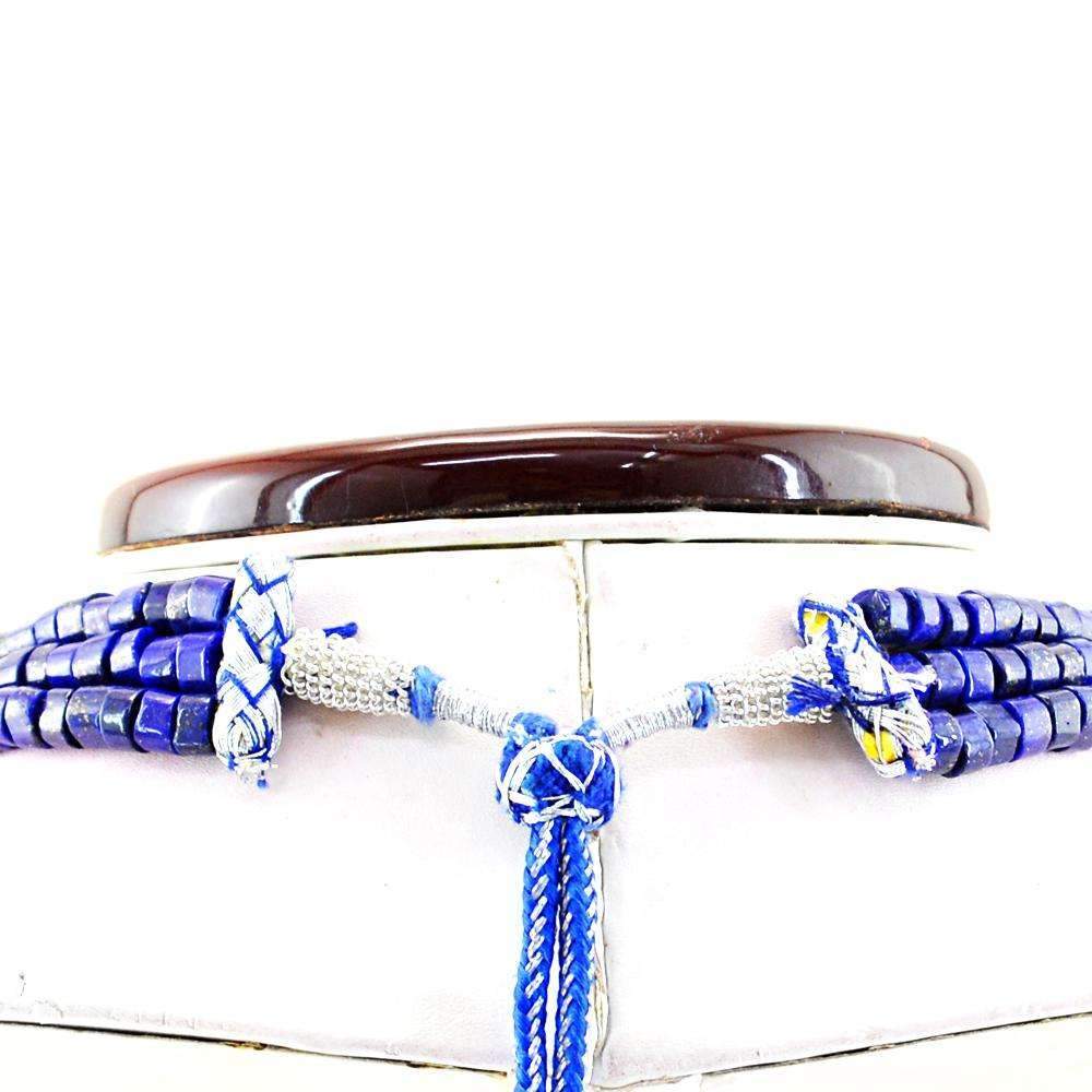 gemsmore:3 Line Blue Lapis Lazuli Necklace Natural Round Shape Beads
