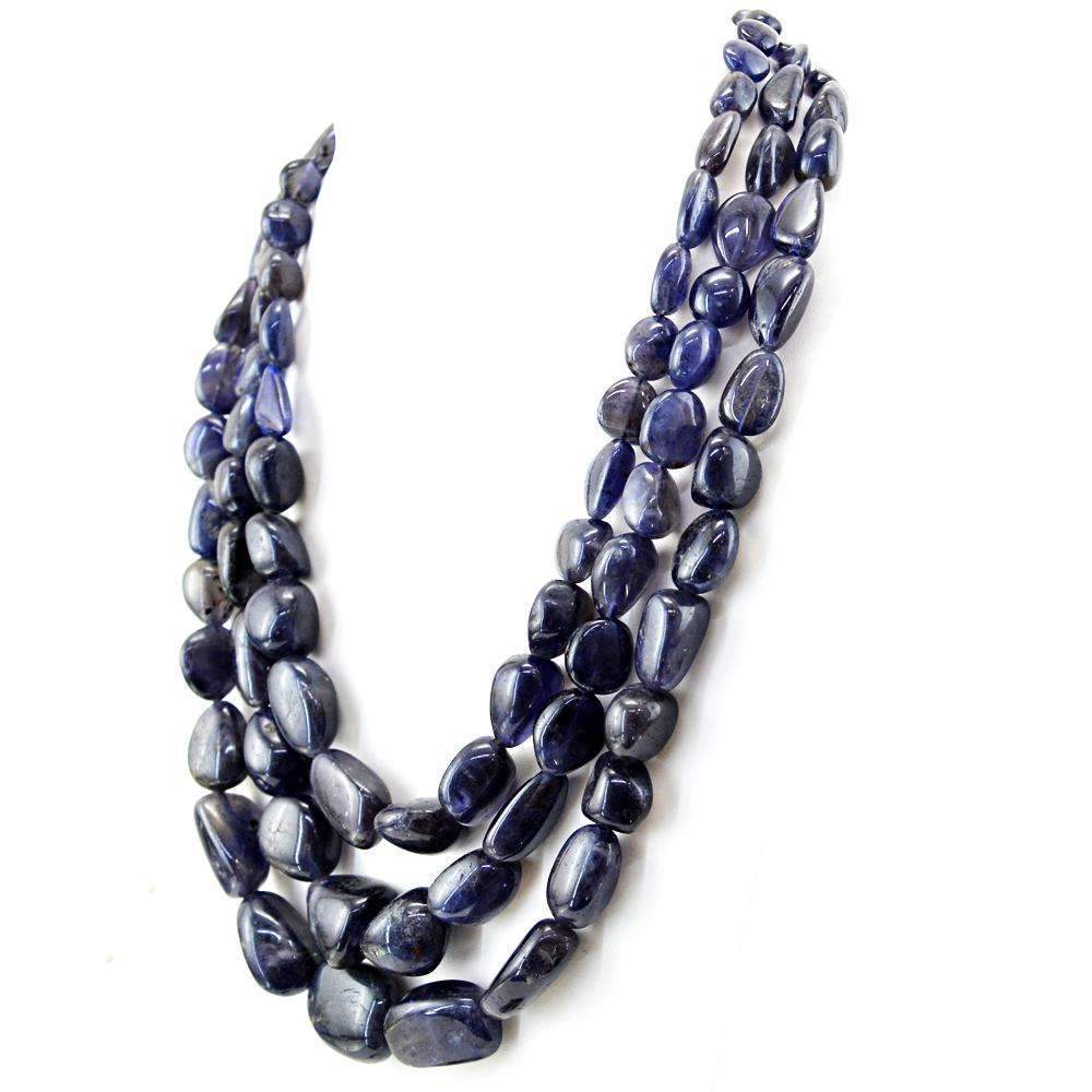 gemsmore:3 Line Blue Tanzanite Necklace Natural Untreated Beads