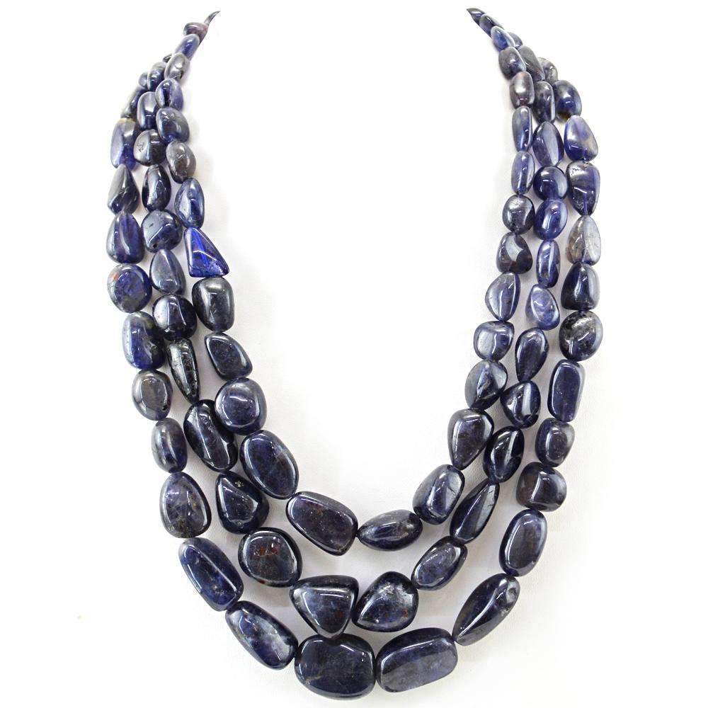 gemsmore:3 Line Blue Tanzanite Necklace Natural Untreated Beads
