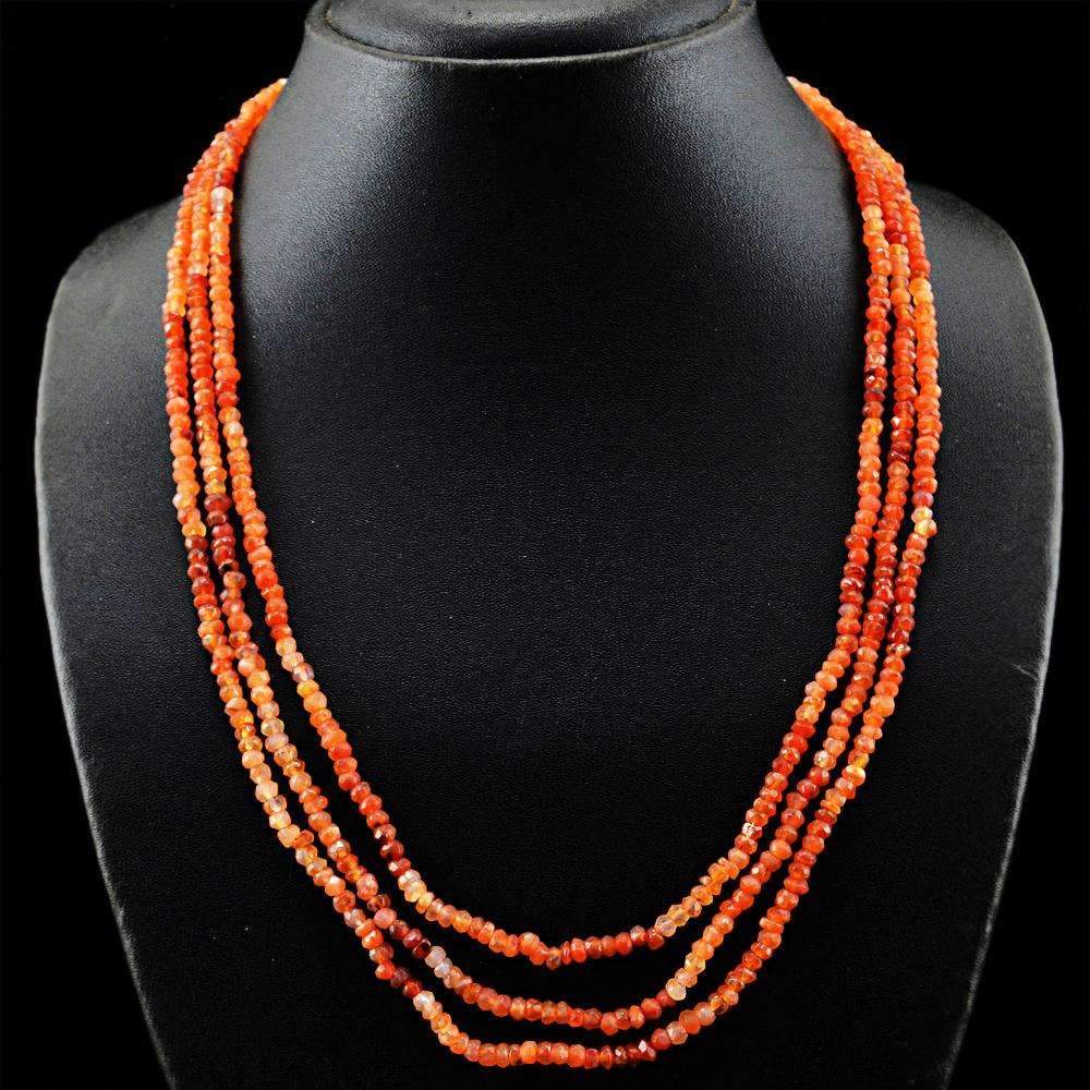 gemsmore:3 Line Orange Carnelian Necklace Natural Round Shape Faceted Beads
