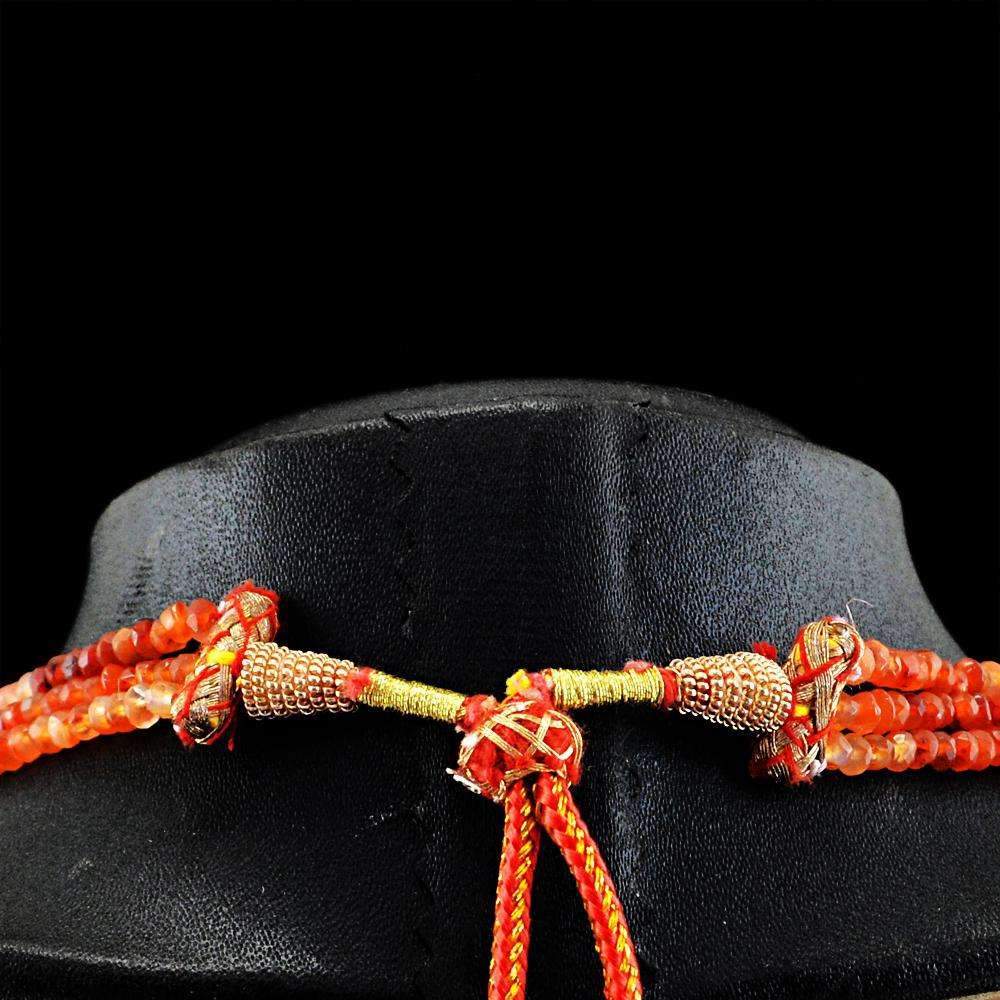 gemsmore:3 Line Orange Carnelian Necklace Natural Round Shape Faceted Beads