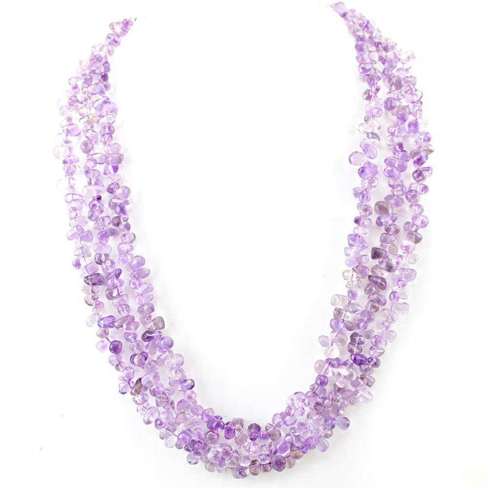 gemsmore:3 Line Purple Amethyst Necklace Natural Tear Drop Beads
