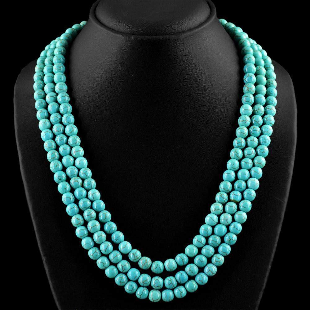 gemsmore:3 Line Turquoise Necklace Natural 20 Inches Long Round Beads
