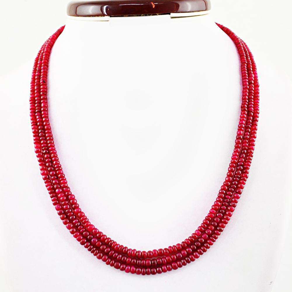 gemsmore:3 Line Untreated Ruby Necklace Natural Round Shape Beads
