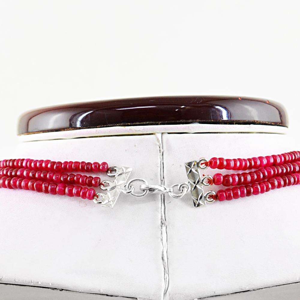 gemsmore:3 Line Untreated Ruby Necklace Natural Round Shape Beads