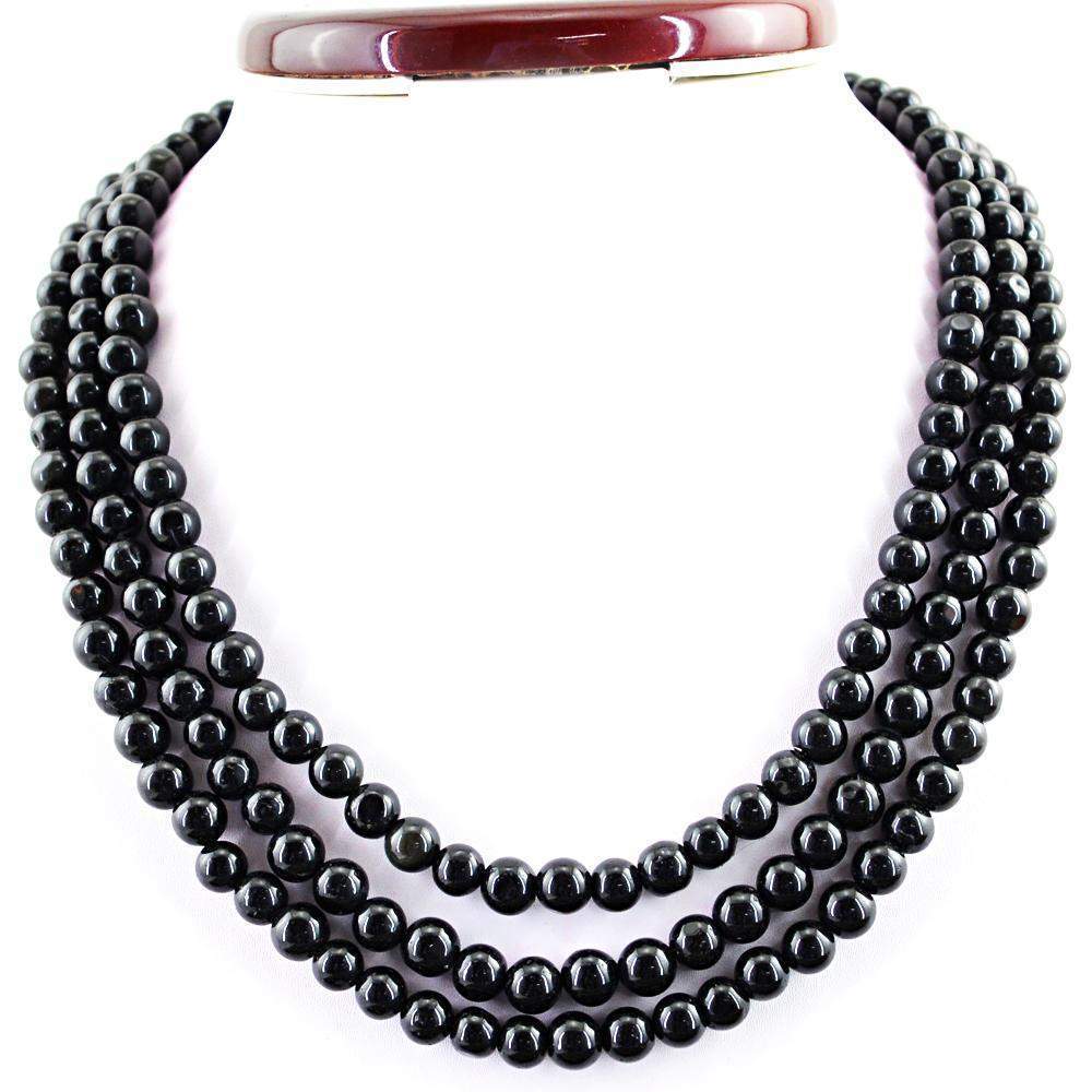 gemsmore:3 Strand Black Spinel Necklace Natural Round Shape Beads