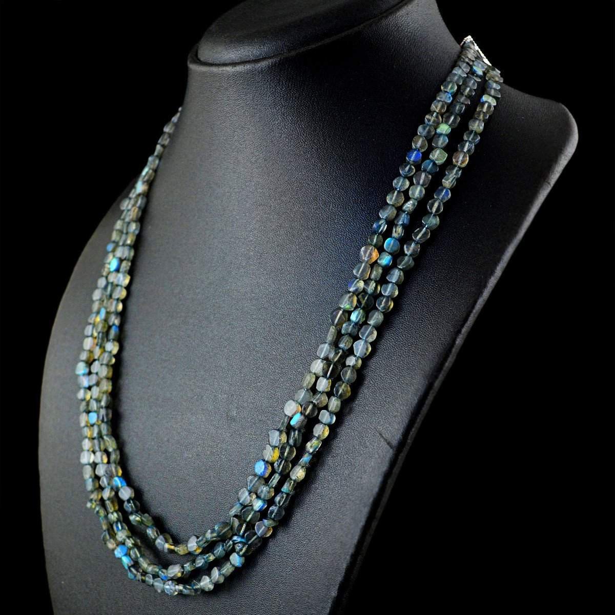 gemsmore:3 Strand Blue Flash Labradorite Necklace Natural Untreated Round Beads