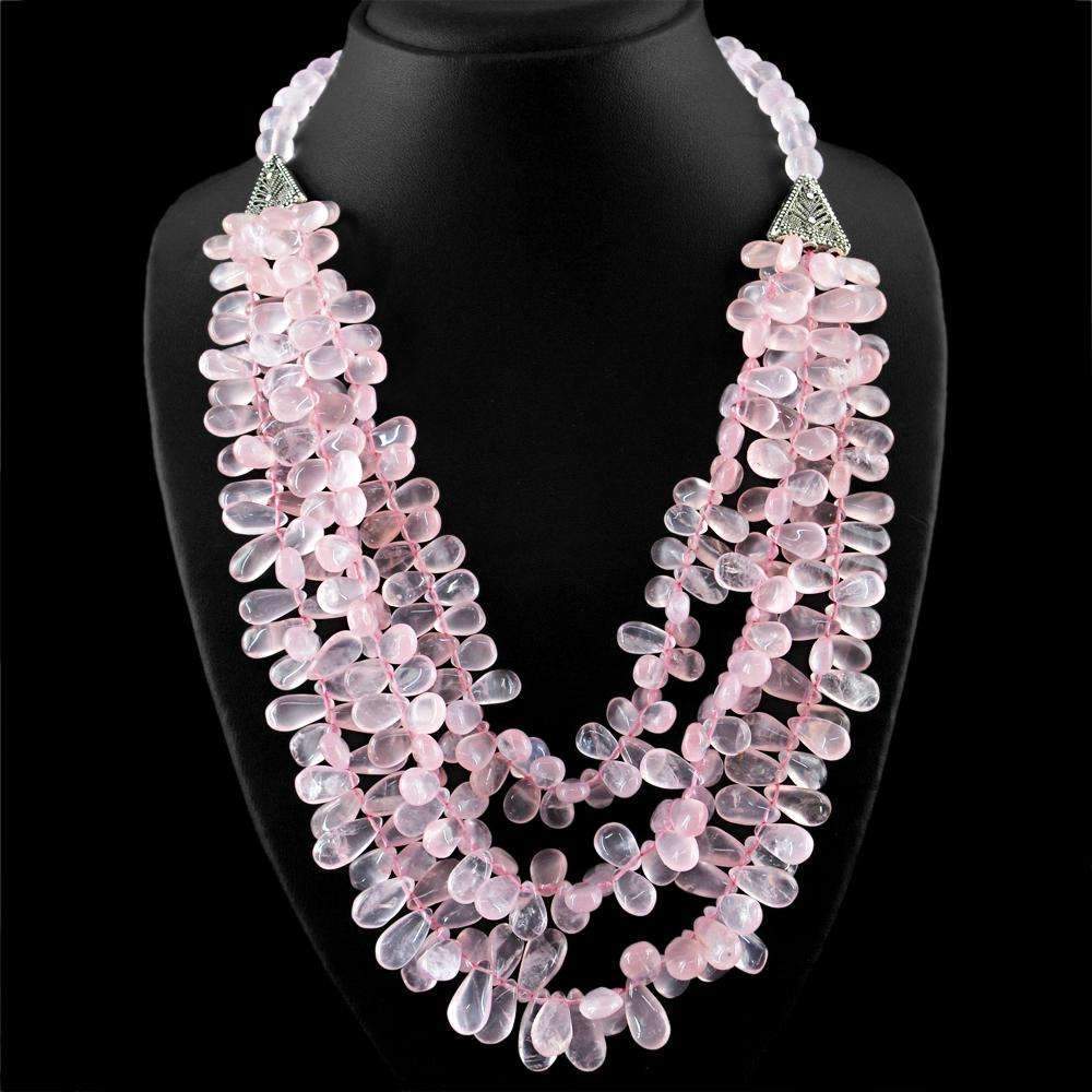 gemsmore:3 Strand Pink Rose Quartz Necklace Natural Pear Shape Beads