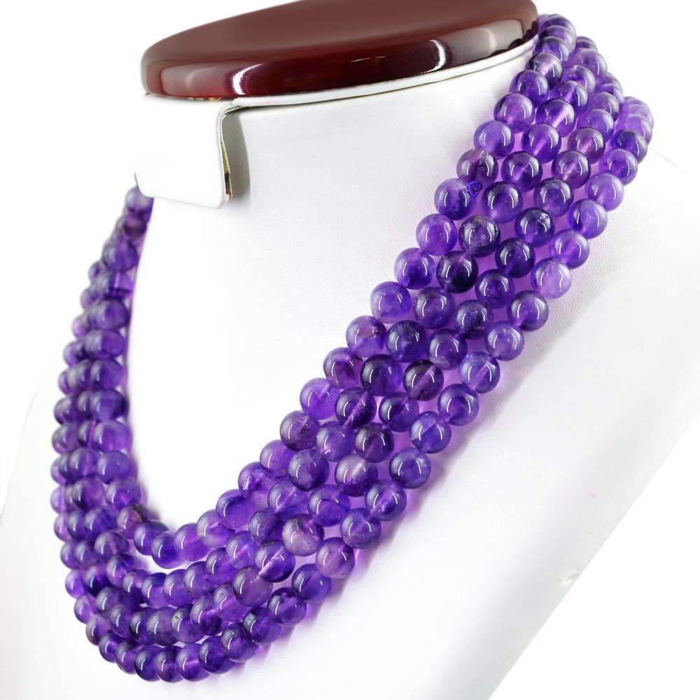 gemsmore:4 Line Purple Amethyst Necklace Natural Round Shape Untreated Beads