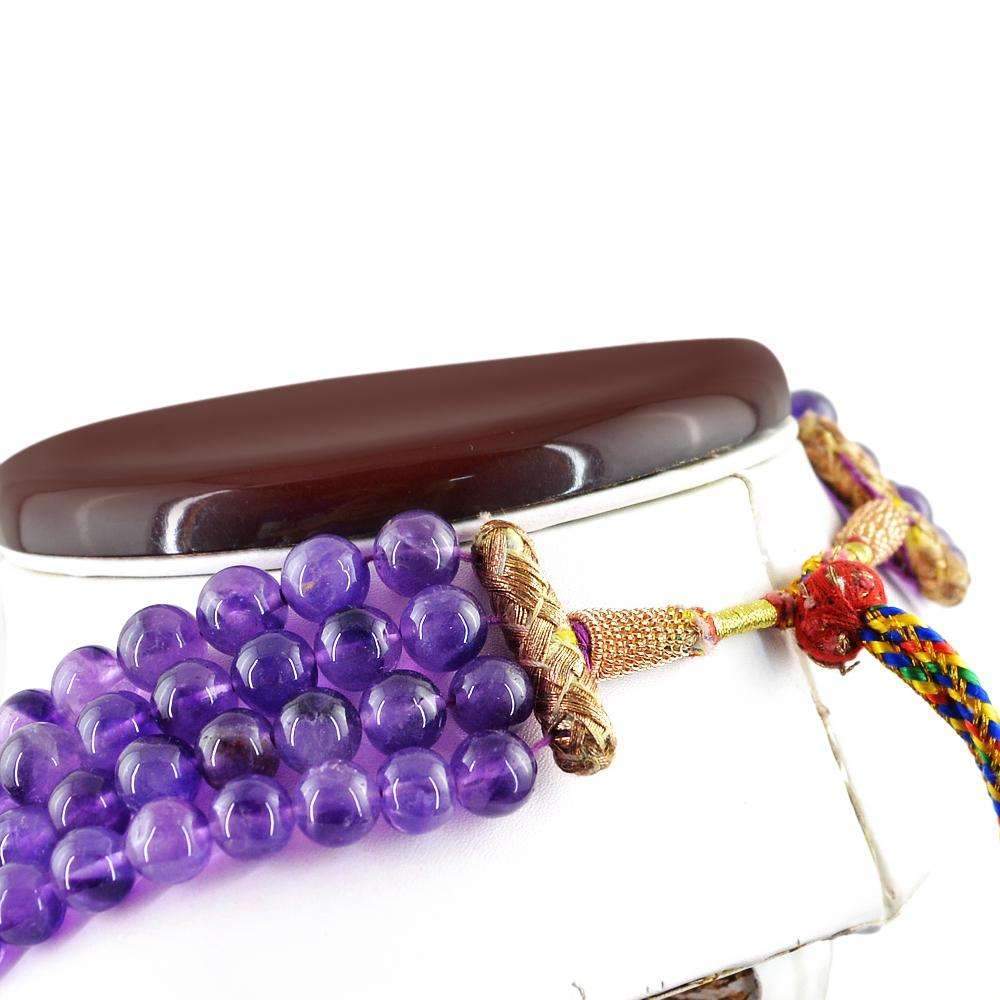 gemsmore:4 Line Purple Amethyst Necklace Natural Round Shape Untreated Beads
