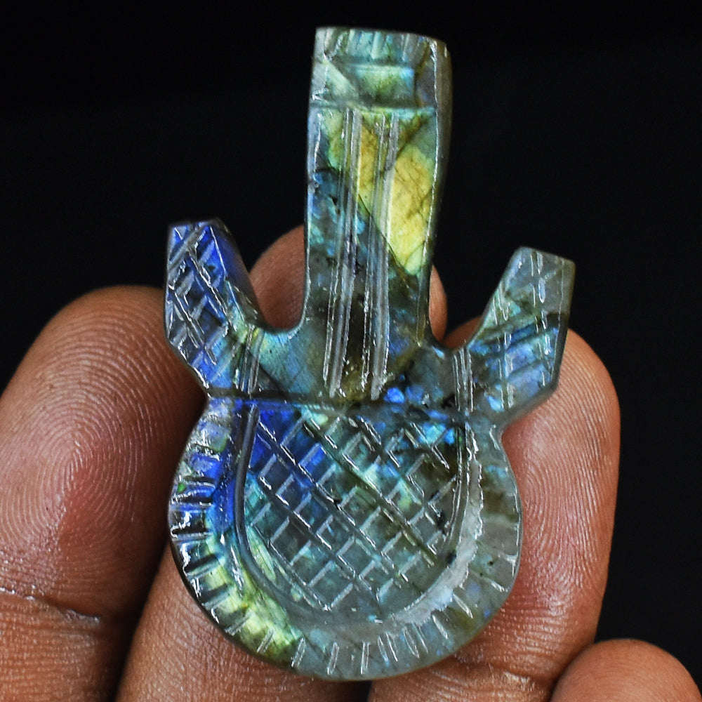 gemsmore:49 Carats  Genuine Blue & Golden Flash Labradorite Carved Guitar