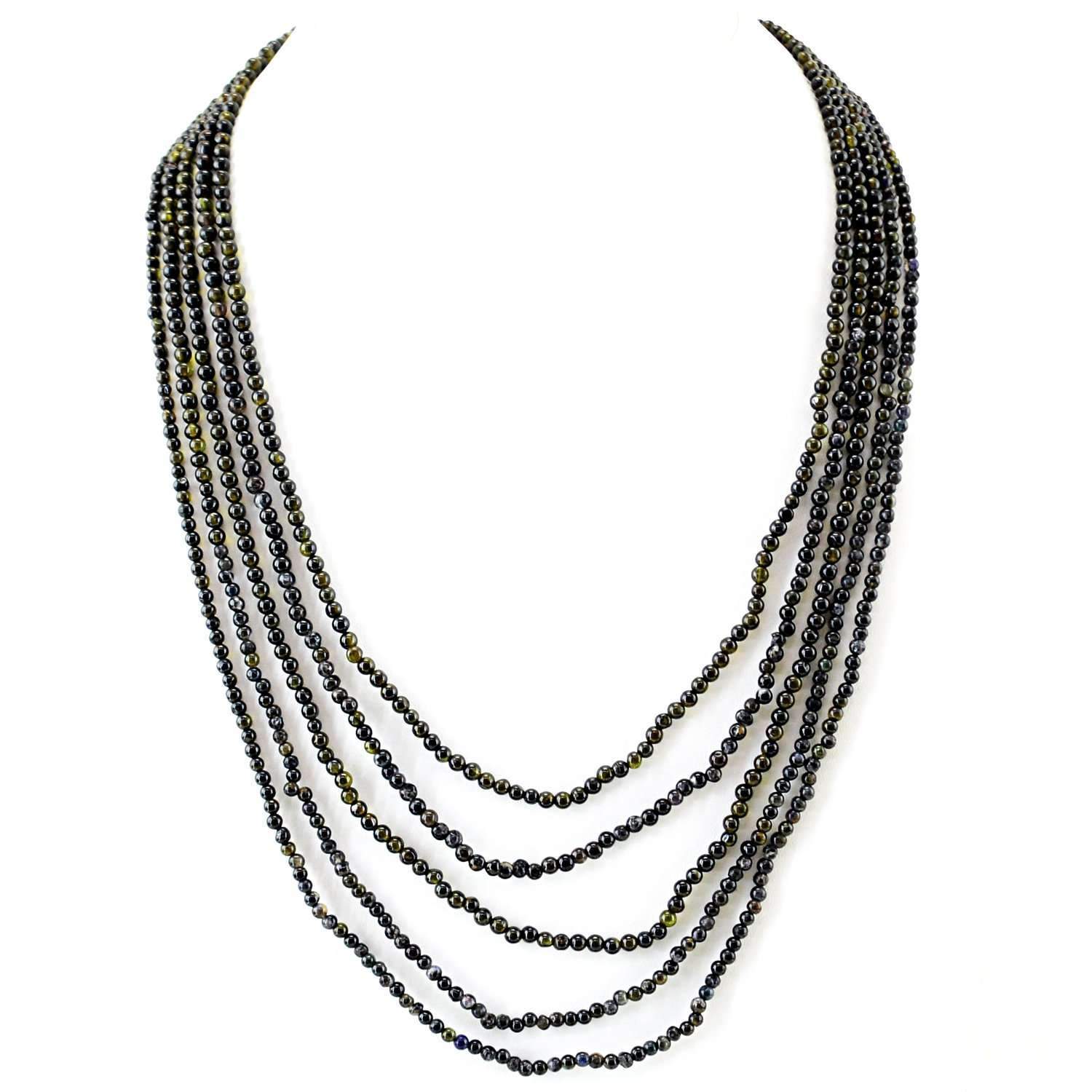 gemsmore:5 Line Black Obsidian Necklace Natural Round Shape Untreated Beads