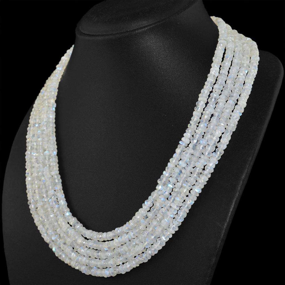 gemsmore:5 Line Blue Flash Moonstone Necklace Natural Round Shape Faceted Beads