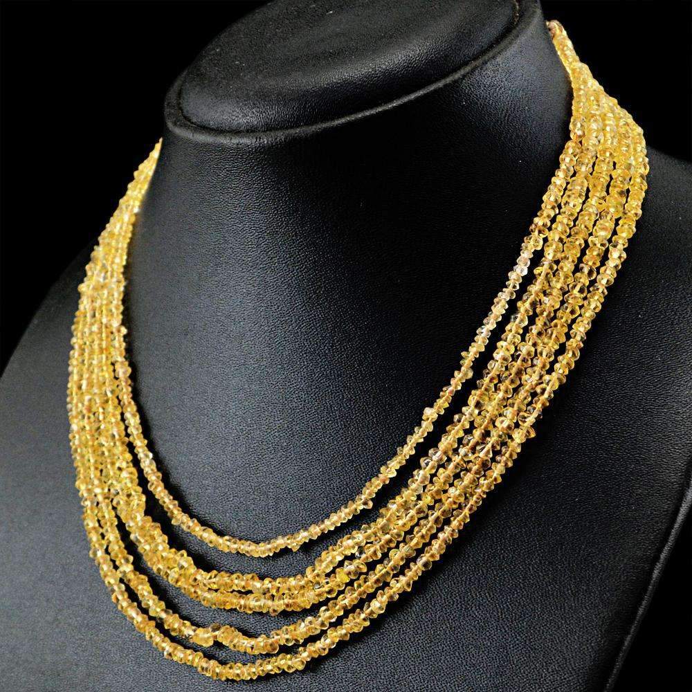 gemsmore:5 Line Yellow Citrine Necklace Natural Round Shape Faceted Beads
