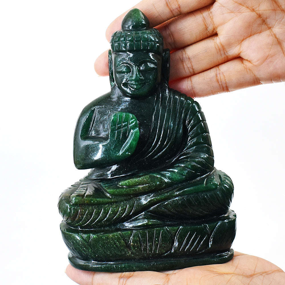 gemsmore:Amazing Artisian Carved Green Jade Lord Buddha Idol