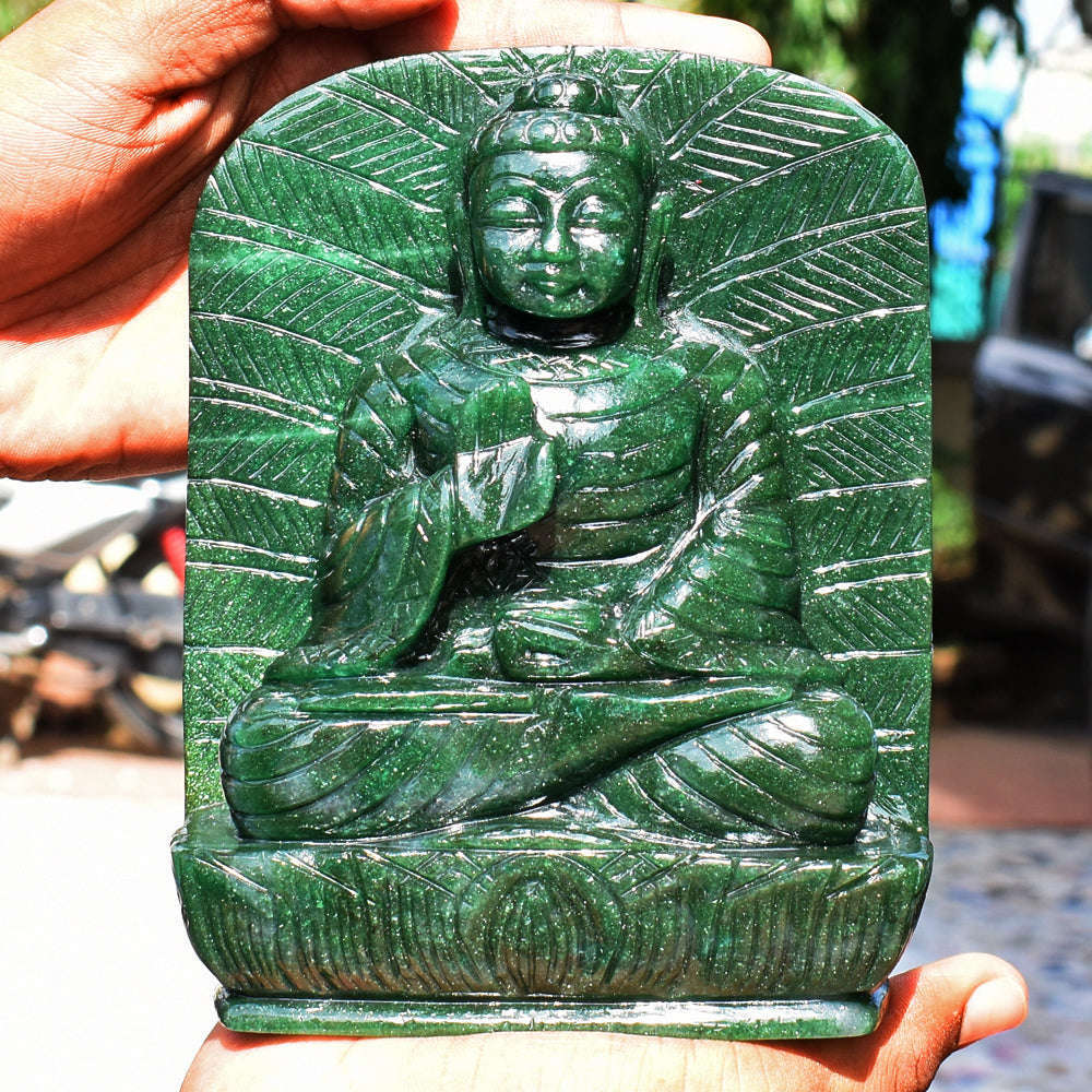 gemsmore:Amazing Artisian Carved Green Jade Lord Buddha Idol