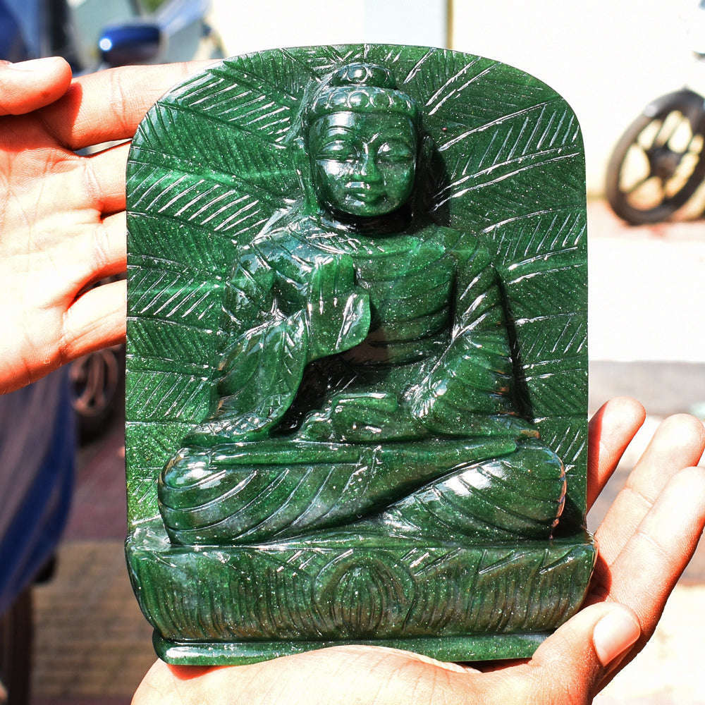 gemsmore:Amazing Artisian Carved Green Jade Lord Buddha Idol